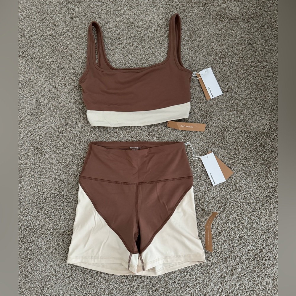 Reformation Ecostretch Bike Short and Bra Set in Rye/Almond